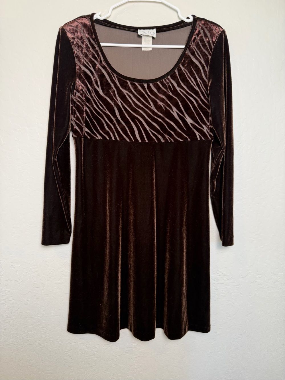 Expo Vintage Dark Brown Velvet Long Sleeve A-Line Babydoll Dress Size 6